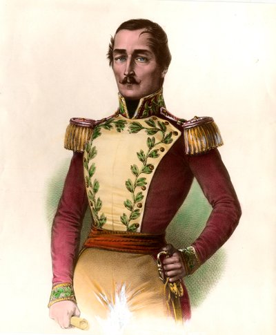 Santander tábornok (Francisco de Paula) (1782-1840), kolumbiai katona és államférfi, az 1819-es függetlenség hősének portréja. Metszet 1836-os magángyűjteményből alkotó: Unknown artist