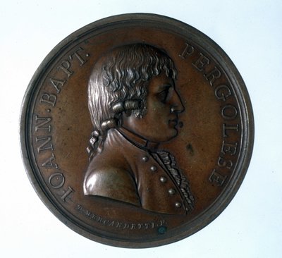 Giovanni Battista Pergolesi (Jean Baptiste Pergolese, Jean-Baptiste) (1710 - 1736) portréja. Bronz medalion. A lépcsőház múzeuma. Milánó alkotó: Unknown artist