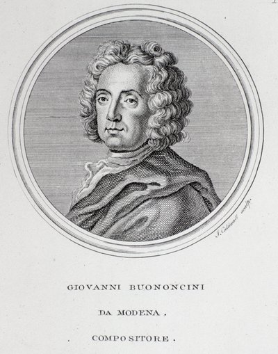 Giovanni Battista Bononcini (1670-1747) olasz barokk zeneszerző és csellóművész portréja Metszet. 18. század. Bologna, polgári bibliográfiai múzeum alkotó: Unknown artist