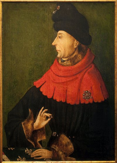 Jean Sans peur, Burgundia hercegének (1371-1419) portréja. A gyűrű, amelyet a kezében tart, a Hardi Fülöp által 1397-ben vásárolt burgundiai rubin, amelyet a dijoni Saint Benigne apátságban őriztek meg, és az apát minden új hercegnek átadott. alkotó: Unknown artist