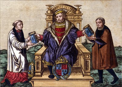 Henrik angol király (1491-1547) trónján ülő portréja, amely két udvaroncnak adja ki a Bibliát. Színező gravírozás. alkotó: Unknown artist