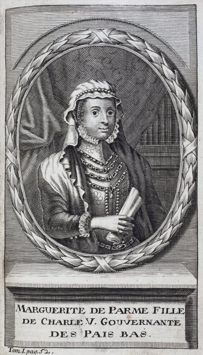 Pármai Margarita (vagy Ausztriai Margarita) (1522-1586), pármai és piacenzai hercegnő portréja, V. Károly (1500-1558) természetes lánya és Hollandia (Hollandia) nevelőnője 1559-1581 között. Metszet a „Fla háború története alkotó: Unknown artist