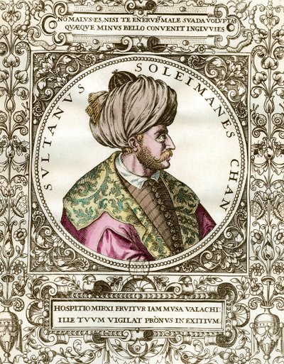 Pompás Soliman (1494-1566) oszmán szultán portréja. századi metszet. Magángyűjtemény. alkotó: Unknown artist