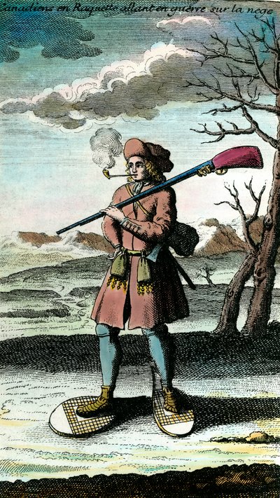 Portréja egy kanadai hócipőben a hóban, háborúba indul. 18. századi metszet. Magángyűjtemény. alkotó: Unknown artist