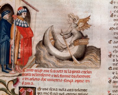 Dante Alighieri olasz költő portréja, aki Charont nézi az Acheronon a lelkekkel átszelve hajóját (3. ének a pokolból, az Isteni színjátékban) - miniatűr XV. alkotó: Unknown artist