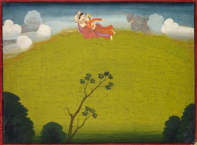 Pradyumna és Mayavati repülnek Dwarkába, a Nagy Basohli Bhagavata Puránából alkotó: Unknown artist
