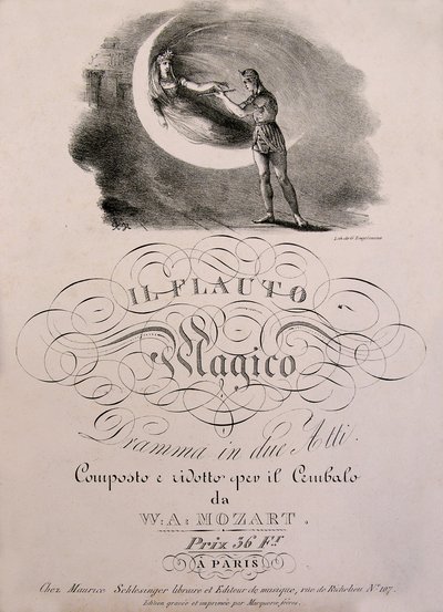 Tamino herceg megkapja az Éj Királynője elvarázsolt furulyáját, W.A. Mozart (1756-1792) „” Az elvarázsolt furulya” (Die Zauberflote) (1791) című partíciós könyvének borítóillusztrációját. Leonard de Selva kollekció. alkotó: Unknown artist