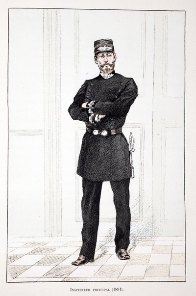 főfelügyelő (1894). Színes rézkarc, illusztrációként „” A békefenntartók hadtestének története”” című könyv Louis Lepine (1846-1933) Szajna-menti rendészeti prefektus gondozásában jelent meg Alfred Rey (1864-?) és Louis Feron (1862) gondozásában. -?) alkotó: Unknown artist