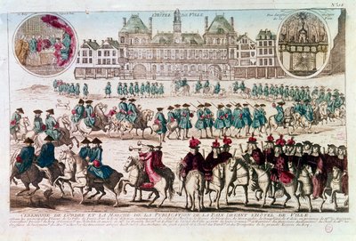 Felvonulás a Béke Közzétételi Ünnepség alkalmából a Városháza (Place de Greve) előtt. A 18. századi metszet B.N. Párizs alkotó: Unknown artist