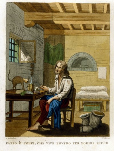 A kapzsiságot illusztráló közmondás: „Szegényen élni gazdagon halni”. alkotó: Unknown artist