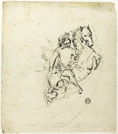 Babérkoszorúval megkoronázott puttó, ágaskodó lovon alkotó: Unknown artist