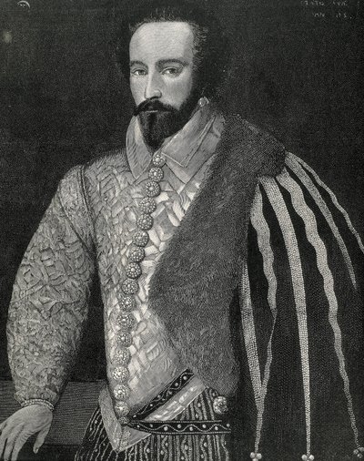 Raleigh, Sir Walter (1554-1618). Angol tengerész, felfedező és bróker. Sir Walter Raleigh portréja. Metszet 1891-ben, egy névtelen eredeti után készült, amelyet a londoni National Portrait Gallery-ben őriznek. Metszet. alkotó: Unknown artist