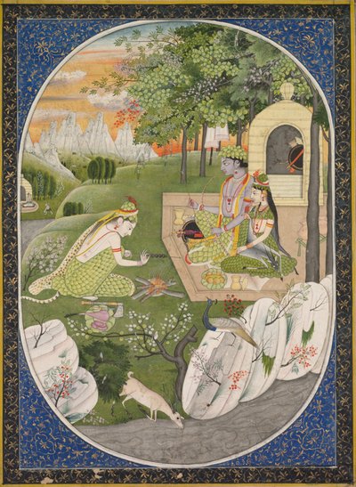 Rama, Sita és Lakshmana az erdőben, oldal a Ramayana-ból (Ráma Isten meséi) alkotó: Unknown artist
