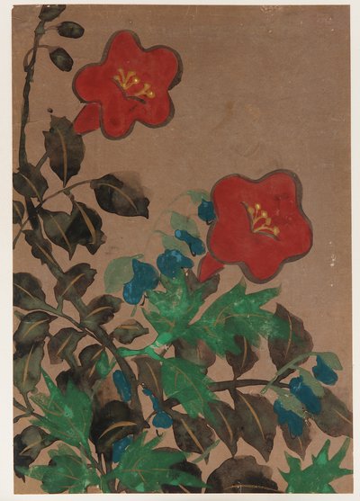 Piros és kék virágok és lombozat alkotó: Unknown artist