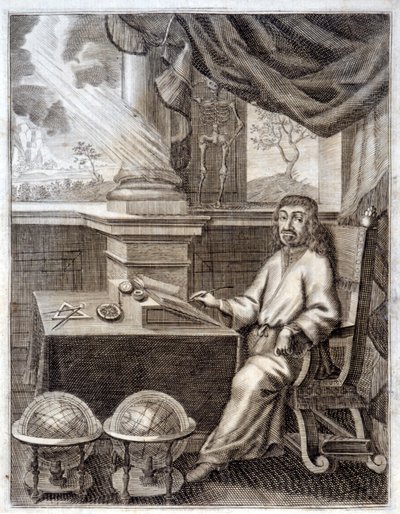 René Descartes (1596 - 1650) az irodájában tudományos felszereléssel. 17. századi metszet. alkotó: Unknown artist