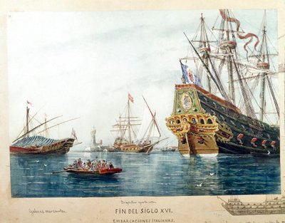századi olasz hajók, galériák, brigantin ábrázolása (akvarell alkotó: Unknown artist