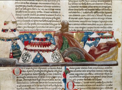 Jules Cesar (Kr. e. 101-44) ábrázolása a katonai tábora közelében Részlet egy kéziratos oldalról „” Facts of the Romans”” (Ms 1538, fol. 24v) 1340 körül Firenze, Biblioteca Riccardiana alkotó: Unknown artist