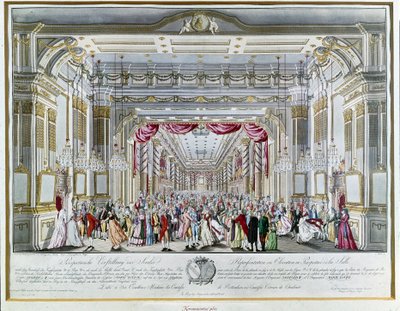 A „La Clemenza di Tito” (La Clemence de Titus) ábrázolása Wolfgang Amadeus Mozart (1756-1791) II. Lipót császár (1747-1792) osztrák király koronázási ünnepén, 1791-ben a színház színházában. Prága királyi utcája. Prágai Múzeum alkotó: Unknown artist