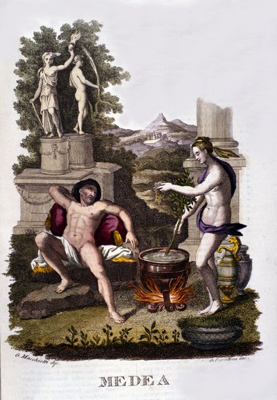 Médeia ábrázolása, aki az Argonauták ciklusa után előkészíti átkát. századi metszet. alkotó: Unknown artist