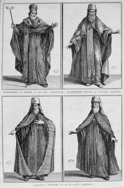 Egy moszkvai püspök ábrázolása közönséges ruhában és ünnepi ruhában. Metszés alkotó: Unknown artist