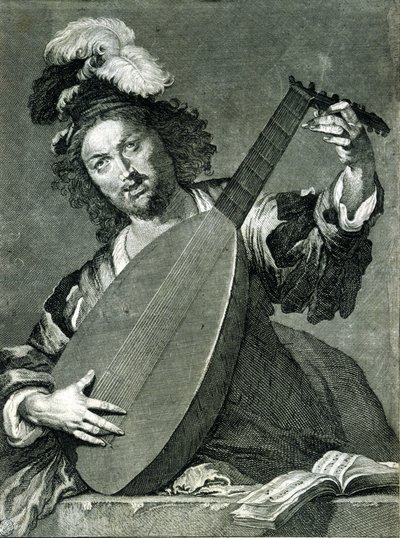 A hangszerét hangoló lantos ábrázolása. alkotó: Unknown artist