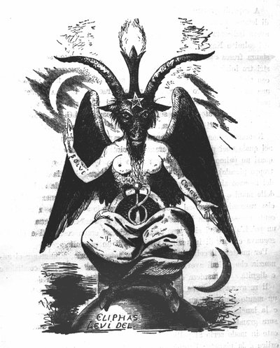 A Baphomet ábrázolása: kecskefejű szörnyeteg női testtel, karjain alkímiai idézetekkel „oldat” és „coagula”, a lábak között lombhullató, a homlokon pentagram. Eliphas Levi ördöge (Alphonse Louis (Alphonse Lo alkotó: Unknown artist