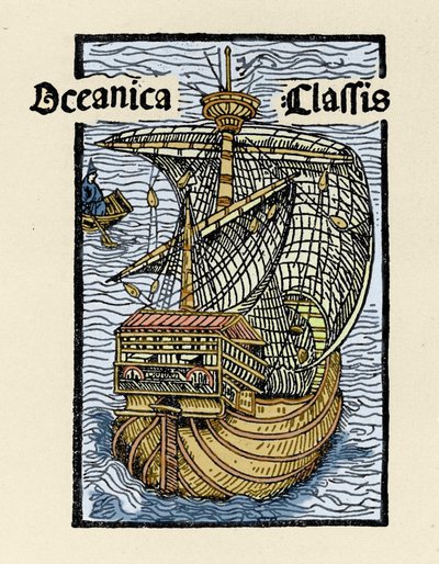 Kolumbusz Kristóf (1451-1506) Santa Maria karavellája. Metszet a „De insulis in mare Indico super inventis” könyvből, Bale 1493-1494 (Kolumbusz spanyol királynak írt jelentésének latin fordítása). alkotó: Unknown artist