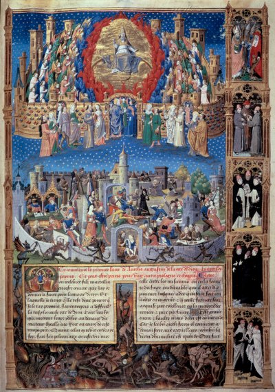 Isten városának (celeste) és az emberek városának (földi) ábrázolása Miniatűr a „De civitate dei”-ből (Isten városa) vett Hippói Szent Ágoston (354-430), Raoul de Presles fordítása kb. 1480. Macon Városi Könyvtár alkotó: Unknown artist