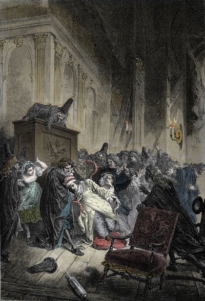 Jean-Baptiste Poquelin, dit Moliere (1622-1673) halálának ábrázolása, a tüdőpangás halálának ábrázolása a „képzelt beteg” ábrázolása során, 1673.02.17-én alkotó: Unknown artist