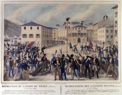 A svájci Ticino kanton forradalma 1859. december 5-én. 19. századi metszet. alkotó: Unknown artist