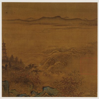 Folyói táj: pagoda, habzó zuhatag, távoli dombok alkotó: Unknown artist