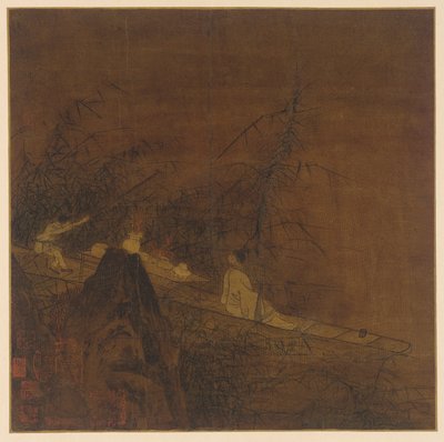Folyói jelenet: egy csónak vad bambusz között alkotó: Unknown artist