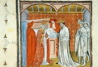 II. Jámbor Róbert (kb. 972-1031) - Kézirat megvilágítása a középkori „” Saint-Denis nagy krónikái”” 14. század végének velinjén (ref. 512) alkotó: Unknown artist