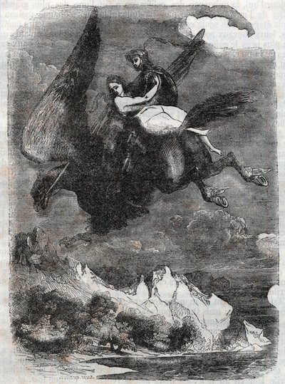Roger (Ruggero, Ruggiero) és Angelique (Angelica) a vízilón - Ludovico Ariosto, Ariosto néven ismert "" Roland furieux" (Orlando furioso) (16. század) metszet 1851-ből - Tressan grófja olasz nyelvről fordította és tegye közzé alkotó: Unknown artist