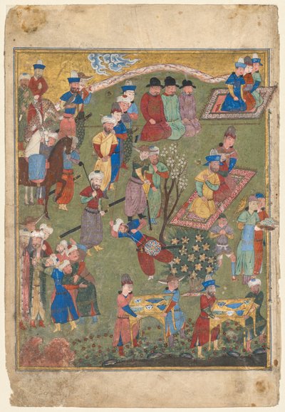 Királyi fogadás egy tájban, bal oldali fólió a firdausi (perzsa, 940–1019 vagy 1025 körül) Shahnama (Királyok könyve) kettős előlapjáról alkotó: Unknown artist