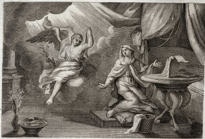 Royaumont Biblia, Újszövetség: A Szűz Angyali üdvözlete. Gábriel arkangyal azért jött, hogy üzenetet vigyen át Máriának. Illusztráció 1811-ből. alkotó: Unknown artist