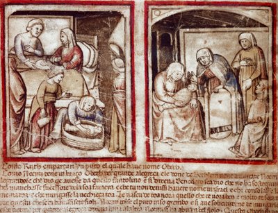 Ruth megszüli Obedet (Obeth), Boáz (Booz) fiát. Miniatűr a 212-es kódexből (vagy padovano kódexből vagy padovai Bibliából) 1390-1400 Rovigo, Accademia dei Concordi alkotó: Unknown artist