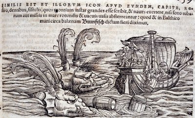 A tengerészek hordókat dobnak a tengerbe, hogy elvonják az üldöző szörnyek figyelmét. Conrad Gesner (1516-1565), Tiguri „Historia Animalium” című metszete alkotó: Unknown artist