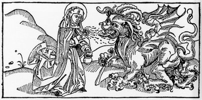 Szent Márta és a Tarasque - Metszet a „Leben der Heiligen - sommerteil” (A szent könyvéből) voragine-i Jacobus (James) (1228-1298) könyvéből. Lübeck 1488. alkotó: Unknown artist