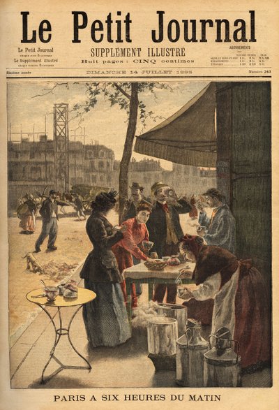 Leves- és tejkávé eladónő, reggel 6-kor a kocsma ajtaja alatt a párizsi munkások szabadtéri reggelijére. Metszet a „” Le petit journal”-ban” 1895.07.14. Selva gyűjteménye. alkotó: Unknown artist