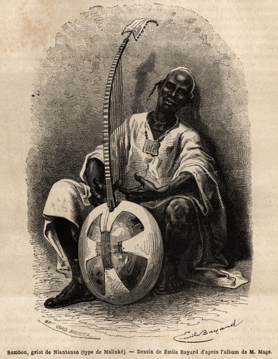 Sambou, Niantanso (Mali) griotja (Malinke típus: nyugat-afrikai nyelv (Guinea, Szenegál, Mali és Elefántcsontpart), költő, zenész, történész és mesemondó, griot egy nép kollektív emlékezetének letéteményese. a történet illusztrálására alkotó: Unknown artist