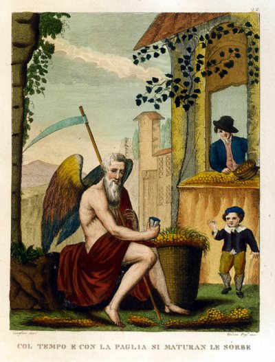 Mondások: „Idővel és szalmaperemekkel a nyak és a makk”” (az idő mindent elpusztít), Illusztráció közmondásgyűjteményből. 19. század alkotó: Unknown artist