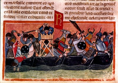 Tengeri csata jelenete Miniatűr egy francia kódexből pergamenre „A rómaiak tényei””, amely az ókori történelmet meséli el Jules Cesarig (Kr. e. 101-i. e. 44). 13. századi Velence, biblioteca Marciana alkotó: Unknown artist