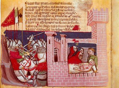 A roncesvaux-i csata jelenete 778-ban. Csata Nagy Károly serege és a szaracénok között, ahol Roland lovag meghalt. Ő a jobb oldali képviselő. Miniatűr a „The Entrée d