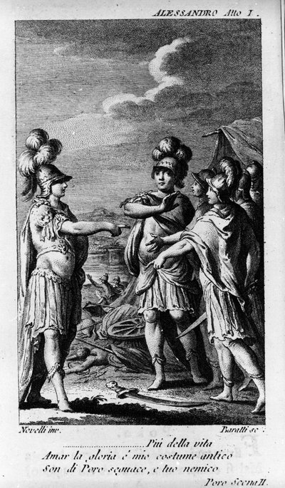 Az „Alexandre aux Indies” (Alessandro nelle Indie) első felvonásának jelenete, Niccolo Vito Piccinni (vagy Piccini) (1728-1800) (1758) zeneszerző operája Pietro Metastasio (Metasztázis) librettója nyomán. Metszet a 18. század végéről alkotó: Unknown artist