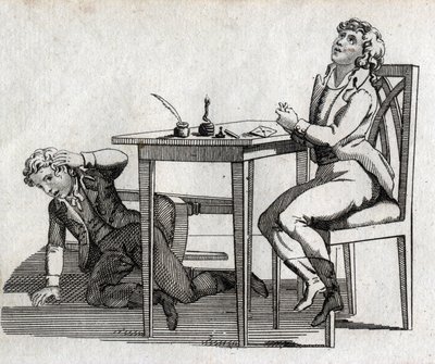 Az iskolásoknak van egy asztaluk tintatartóval. 18. század végi metszet. Magángyűjtemény. alkotó: Unknown artist