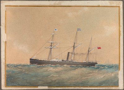 Satsuma zászlóval közlekedő csavaros gőzhajó, valószínűleg "Lotus", 19. század eleje (akvarell) alkotó: Unknown artist