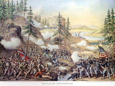 Szecessziós háború (1861 - 1865) vagy amerikai civil Giuerre: 1863.11.24-25.: kétnapi csata után a Tennessee állambeli Chattanoogában, a Rosecrans tábornok vezette északi hadsereg győzelme. Metszés. alkotó: Unknown artist