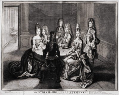 Az apartmanok második szobája (Versailles): 1. Monsignor, 2. Madame of Conty Dowager hercegnője, 3. Monsieur le Duke de Bourbon, 4. Bourbon hercegné, 5. Monsieur de Vandôme, Franciaország nagypriorja. Trouvain metszete, 18. század eleje alkotó: Unknown artist