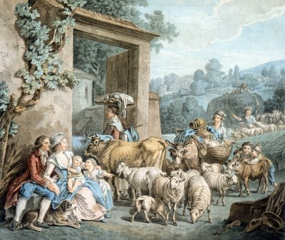 Pásztorok és birkák nyáj egy farm előtt. alkotó: Unknown artist